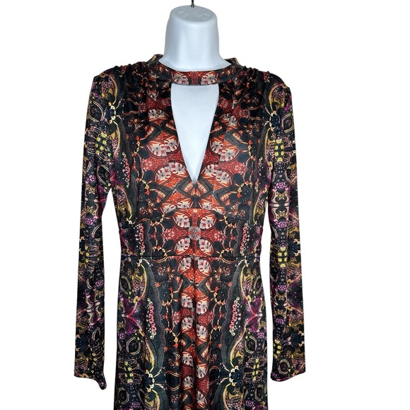 Free People Maxi Dress Small Hippie Paisley Boho V-Neck Gypsy Jewel Cutout L/S - Picture 2 of 6